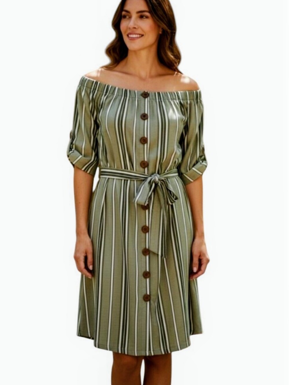 J for Justify Sage Green Striped Dress Short Sleeves On Off Shoulder 1X